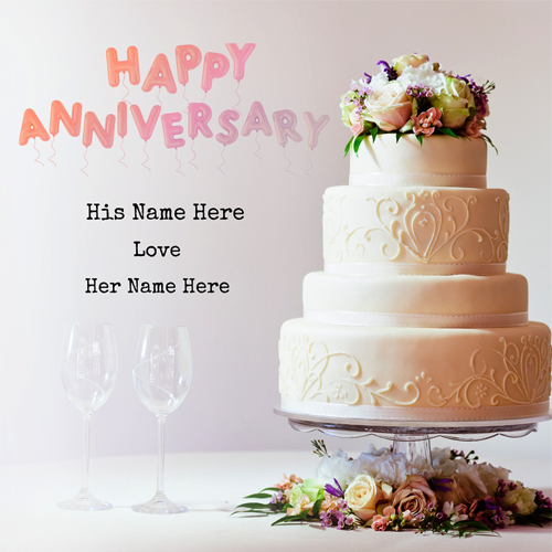 Write Couple Name On 4 Layer Wedding Cake Images With Flowers