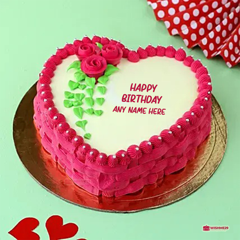 Red Blossom Heart Birthday Cake With Custom Name