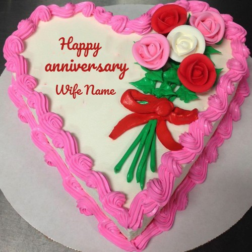 Write Name On Happy Anniversary Cake And Flowers Images