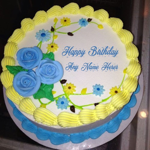 Write Name On Birthday Wishes Cake With Blue Roses
