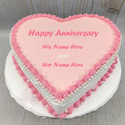 Anniversary Pink Cake Heart Shape With Name Editor