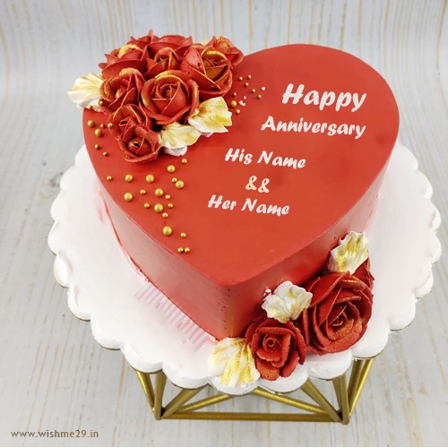 Red Rose Heart Shape Anniversary Cake With Name