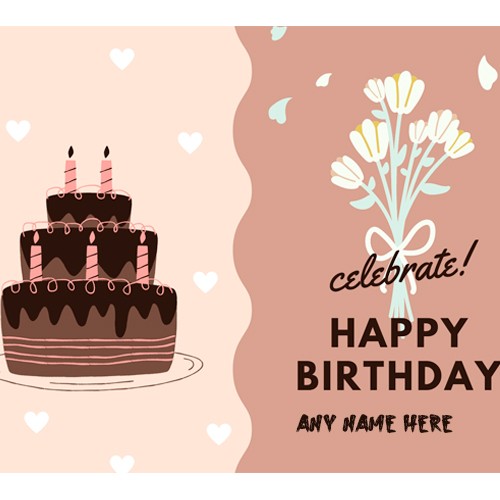 Cute Birthday Cake And Flower Greeting Card With Name