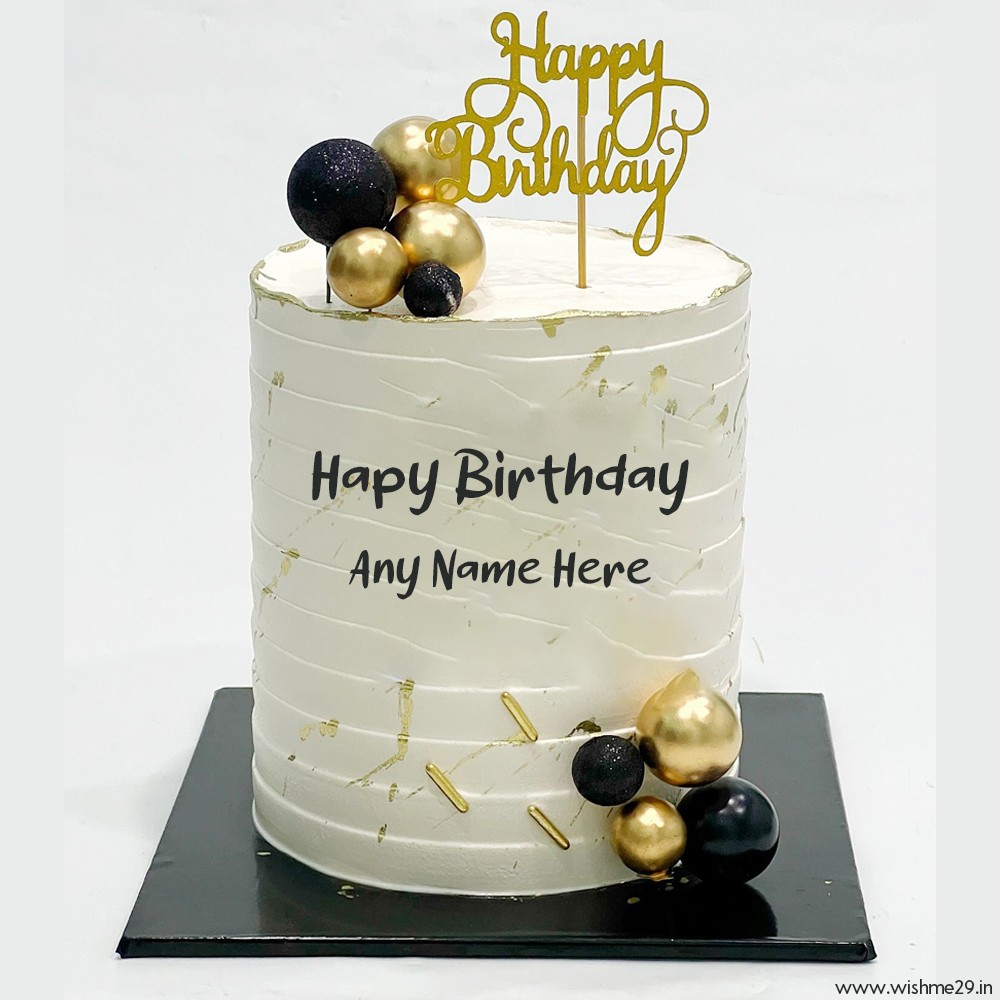 Stylish Birthday Cake In Gold And White With Name