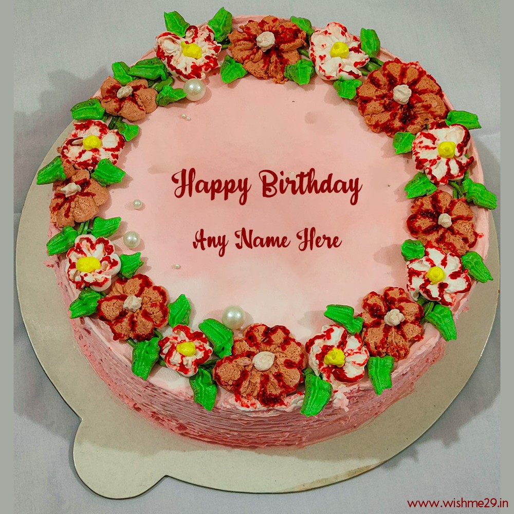 Stylish Red Flower Decorated Birthday Cake With Custom Name