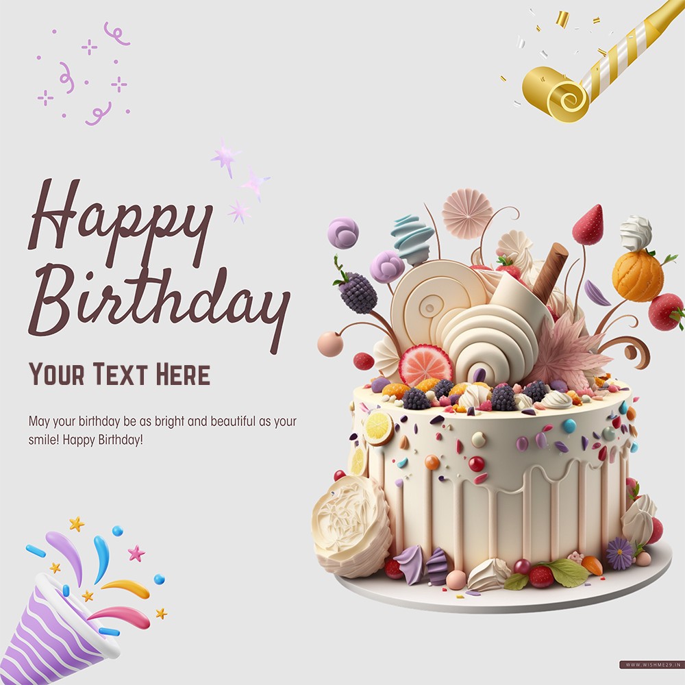 Colorful Brown Birthday Cake And Card With Name