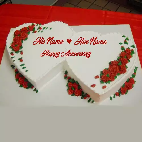 Double Heart Shape Anniversary Cake With Name And Photo