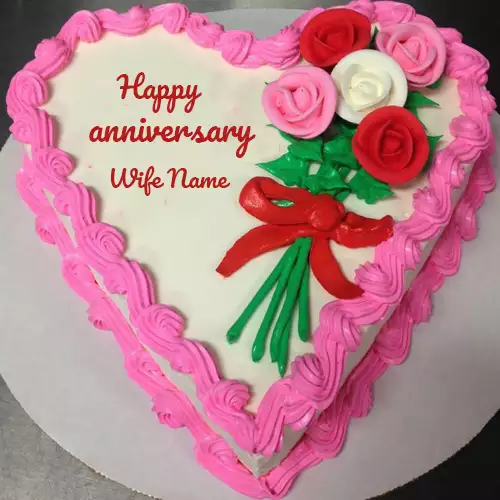 Write Name On Happy Anniversary Cake And Flowers Images