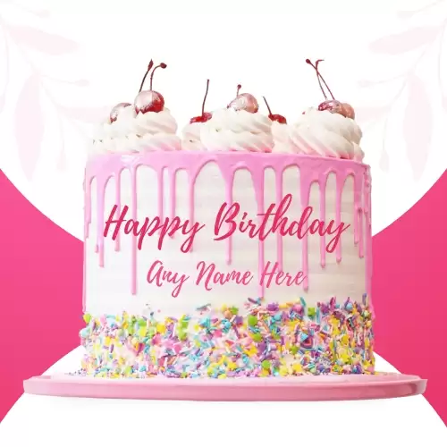 White And Pink Strawberry Cream Birthday Cake With Name