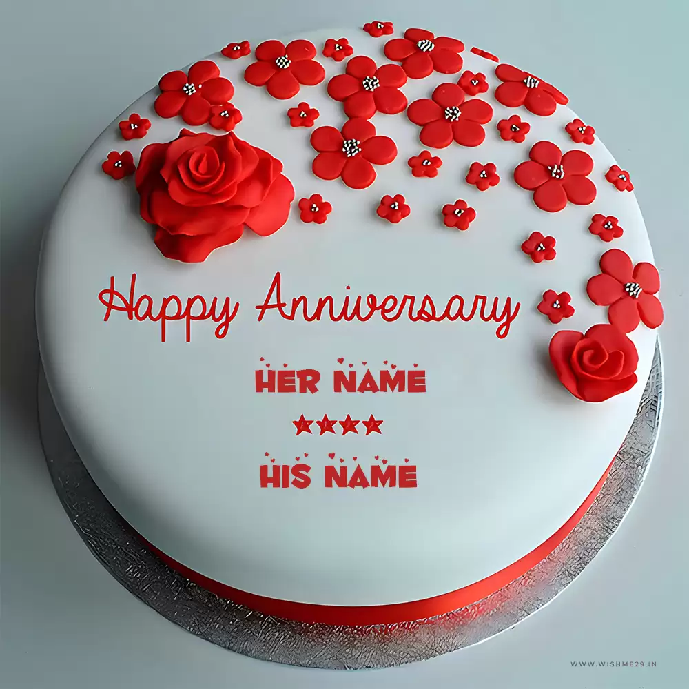 Personalized Red Rose Cake For Anniversary With Custom Name
