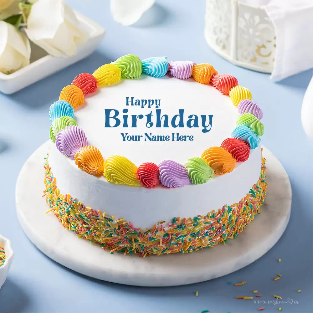 Rainbow Vanilla Cream Birthday Cake Images Online Name Editor